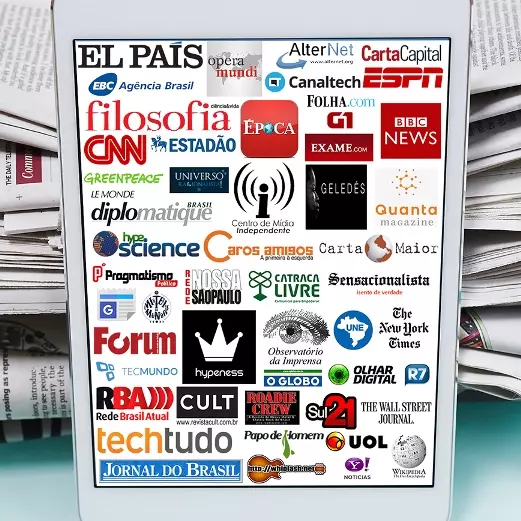 Arte da seção de Artigos e Notícias, representada por um tablet contendo diversas logos de canais de comunicação.