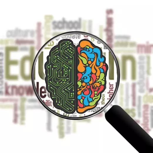 Arte da seção de Pesquisas, representada por uma lupa focando no desenho de um cérebro, formado por circuitos e marcas de tinta.
