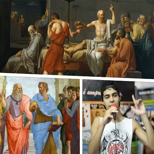 Arte da seção de Reflexões, representada por uma imagem de Sócrates, Platão, Aristóteles e Daniel Brito, todos num contexto de discurso, com os indicadores apontados para cima.