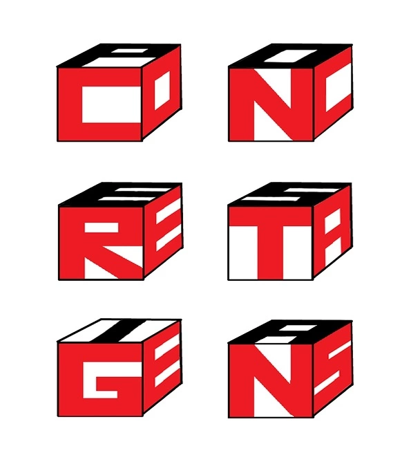 Logo da Coletiva Concretagens, representada por alguns cubos, cujas faces contêm uma letra do nome do projeto.