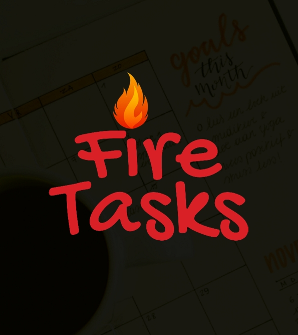 Logo do Fire Tasks, representada pelo nome do projeto, e o ícone de uma chama como acento da letra i.