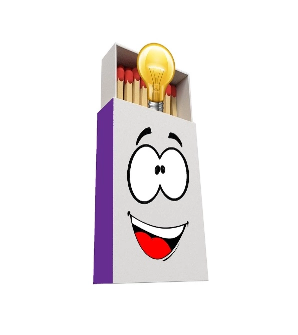 Logo do Fora da Caixa, representada por uma caixa de fósforo com uma expressão sorridente, e uma lâmpada saindo de dentro.
