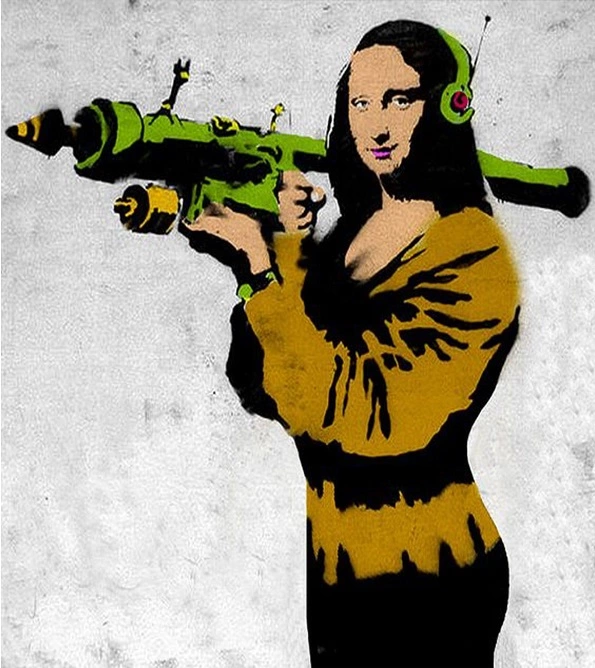 Logo da Galeria Marginal, representada por uma arte do Banksy, na qual Monalisa segura um lança-mísseis.