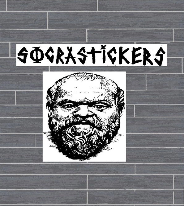 Logo dos SOCRASTICKERS, representada pelo nome do projeto e a face de Sócrates.
