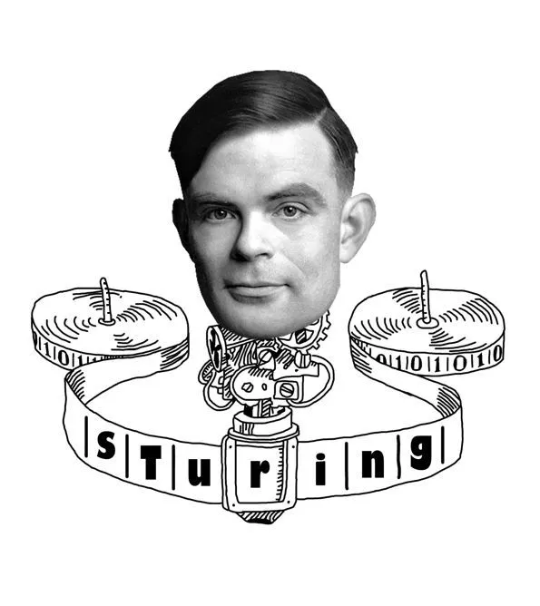 Logo do sTuring, representada pelo rosto de Alan Turing como cabeçote de sua máquina.